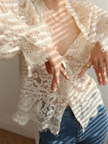 Pbong  Sweet Blouses For Women V-neck Flare Sleeve Summer Shirts Blusas Mujer De Moda Temperament Lace See Through Blouse Tops