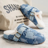 Pbong Fringe Tassel Denim Fleece Flats Shoes Women Winter Short Plush Jeans Patchwork Fashion Slippers Round Toe Warm Unisex Slidess