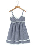 Pbong  Sexy Plaid Spliced Embroidery Lace Bra Corset style Mini Dress Women Bow Lacing up Backless Party Skater Sling Robe Holiday