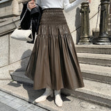 Pbong   Faux Leahter PU Skirt Elastic Waist A-Line Black Skirts Casual Elegant Long Skirt Green Dress Female New Soft Vintage Skirt
