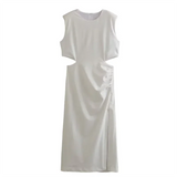 Pbong   Elegant Rose Red Party Dresses for Woman Ruched Sleeveless Split Cut Out Midi Dress Ladies Commuting Streetwear Vestido