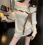 Sexy Off Shoulder Y2K Sweater Women Vintage Leopard Lace Up Knitted Jumper Casual Lazy Wind Long Sleeve Slash Neck Pullover