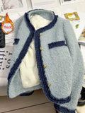 Sweet Thick Warm Tweed Jacket Women O Neck Long Sleeve Winter Cotton Coat Elegant Fashion Patchwork Korean Chic Outwear Top