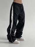 American Retro Casual Straight Leg Track Pants Women Side Contrast Patchwork Elastic Waist Hippie Jogging Trousers