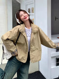 Vintage Plaid Cargo Jacket Women Retro Double Sided Wear Preppy Style Sweet Coat Korean Fall Winter Long Sleeve Pockets Top