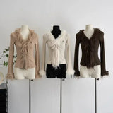 Y2k Aesthetic V-neck Jacket Women Korean Sexy Fashion Cardigan  Harajuku Vintage Bandage Fur Patchwork Coat Spring Chic