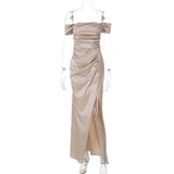 Satin Off-shoulder Sexy Maxi Dress Women Fashion Strapless Sleeveless Backless Side Split Ruched Evening Long Dress