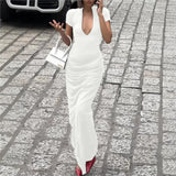 Pbong  Sexy Slim Long Dresses For Women Summer Short Sleeve V-neck Bodycon Maxi Dress Elegant Vestidos