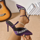 Pbong  Shiny Crystal Chain Super High Heels Sandals Women Fashion Purple Pointed Toe Party Slippers Plus Size Light Thin Heeled Sandals