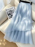 Chic Ruffles Chiffon Long Skirt Women High Waist Elegant Fashion Sweet Skirts Korean Casual Soft Female Blue Long Skirt New