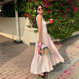 Summer New European And American Style Solid A-line Pink Strap Dress Fashion Elegant Square Collar Women Summer Long Dress