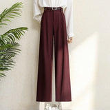 Spring 2025 New Burgundy Suits Pants for Women Office Lady Elegant High Waist Wide Leg Fashion Trousers with Pockets Black Gray
