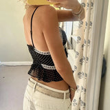 Polka Dot Tie Front Cami Top Y2k Vintage Lace Trim Mesh Sheer Crop Tops Fairy Coquette Backless Ruffles Hem Vest Women Clothes