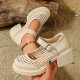 Pbong  Women's Mesh Ankle Buckle Mary Jane Sandals Summer Black Patent Leather Thick High Heels Roman Sandals Woman Soft Platform Pumps
