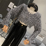 Pbong  Crop Top Pullovers Blue Womens Women Knitted Fashion Oversized Winter Sweaters Casual Ladies Jumpers Korean Style Black Ins