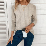 Autumn T-Shirts 2025 Women's Casual Plain Screw Thread Long Sleeve Round-Neck Daily Basic T-Shirts