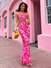 Elegant Hollow Out Print Spaghetti Strap Boho Midi Dress Women Sexy Backless Sleeveless Dresses Chic High Street Ladies Vestidos