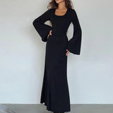 Elegant Frill Flare Sleeve Knit Maxi Dress