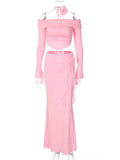Elegant Halter 3D Flower Two Piece Sets Women Fashion Off-shoulder Tops And Maxi Skirt Matching Sets Bodycon Sexy Dress