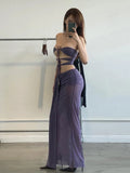 Fashion 2-Piece Set Women Bandage Hollow Vacation Backless Sleeveless Tops+Mesh Folds Elasticity Skirts Matching Suits