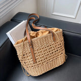 Bohemian Straw Tote Bag with Brown Faux Leather Straps Inner Pouch Spacious Woven Shoulder Purse for Vacation Casual Outings