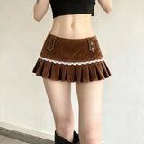 Pbong  Lace Splicing Corduroy Pleated Short Skirt Women's Low Waist Slim Fit Brown Casual Mini Skirt