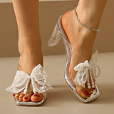 Pbong  Lace Pearl Bowknot High Heel Slippers for Women Summer Square Toe Transparent Heeled pvc Sandals Woman Fashion Party Dress Shoes