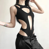 Pbong  Mall Gothic Hollow Out Sexy Bodysuits Techwear Fashion Y2k Patchwork Tops Women Backless High Cut Slim Bodysuit