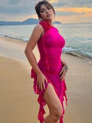 Sexy Ruffles Fairy Dress Women Fashion Mesh See Through Mini Bodycon Dress Summer Irregular Beach Party Club Outfits