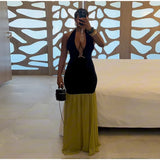 Pbong  Halter Neck Color Block Cutout Maxi Dress Backless Sheer Mesh Hem Bodycon Summer Women Party Dress Chic Sexy Lady Vestido