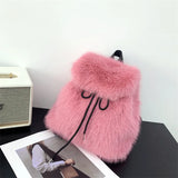 Pbong  Plush Backpack Imitation Rabbit Fur Backpack Student Girl's Large Capacity Drawstring Leopard All-Match