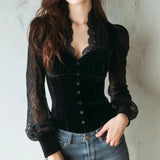 Pbong  Elegant Sexy Square Collar Lace Patchwork Long Sleeve Women's Flavor Base Shirt Top Trendy Hollow out Autumn Winter New Arrival