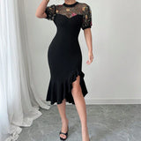 Pbong  Sexy Mesh Spliced Women Fishtail Dress Stylish Jacquard Irregular Hem Midi Vestidos Evening Party Female Black O-Neck Dress