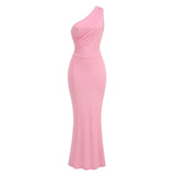 New sexy pink sloping shoulder dress, women's back tied hem fish tail party dress long