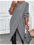 Long Knitted Sweater Women Gray Pullovers Autumn Winter Khaki Warm Fur Jumpers Maxi Y2k E-girl Jumper Work Sueter Mujer