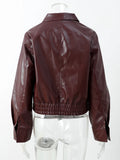 Women Fashion Solid Pu Leather Zipper Coat Retro Turn Down Collar Long Sleeve Outwear Autumn Female Chic Motorcycle Jackets