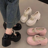 Pbong  Pink Thick Bottom Mary Jane Shoes Women Autumn New Sweet Pumps Fashion Pearl Retro Thick High Heel Loafers Women's Shoes