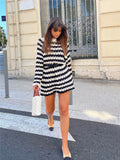 Black White Striped Knitted Short Dress Autumn Woman Hollow Out Crochet Dresses Female Fashion High Street Knit Mini Dress