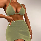 3 Pieces Ribbed Bikinis Halter Triangle Swimsuit & Skirt Swimwear Women Bathers Bathing Swimming Swim Suit Female Beachwear