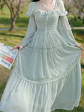 Women New Fairy Midi Dress Elegant Square Collar Lace Ruffle Sweet Dress Autumn Long Sleeve Prom Party Evening Vestidos New