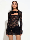 Hollow Out See Throug Lace Sexy Mini Dress Women Robe Black Long Sleeve Ruched Skinny Club Party Dress Elegant Dresses