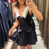 Fashion Turn Down Collar Pleated Short Dress 2025 New Navy Blue Sleeveless Chic Korean Tank Dress Streetwear Y2K Woman Clothing