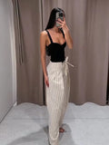 Pbong  Striped Pleated Wide-Leg Pants Striped High Waist Tie Side Pocket Spring Versatile Women Bottoms Casual Chic Lady Trousers