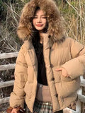 Women New Fall Winter Hooded Button Coat with Large Fur Collar Retro Office Christmas Fashion Jacket  Retro Commute Outfits New
