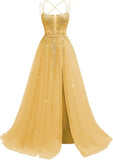 Pbong  Lace Applique Sparkly Tulle Prom Dresses for Women with Slit Spaghetti Straps Backless A Line Long Ball Gown