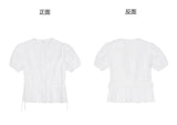 Women French Gentle Style Fungus Edges O-neck Puff Short-sleeved Shirts Summer Lace-up Bow Waist Slimming Single Breasted Blouse