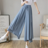 Pbong  Women Chiffon Pants Culottes Elastic Wide Leg Irregular Hem Double Layers Korean Trousers Summer Casual Loose Pleated Pants