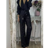 Pbong  Shiny Sequin Flared Pants Slim Fit Party Elastic Multicolor Casual Style Women's Comfortable Spring Summer New Arrival