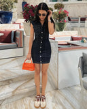 Turn Down Collar Sleeveless Denim Dress Single Breasted Short Dress For Women New Tight Navy Blue Summer Dresses Vestidos