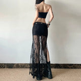Side Slit Lace Skirts For Women Summer New See Through High Waist Skirt Ladies Black Casual Loose Sexy Skirts Woman